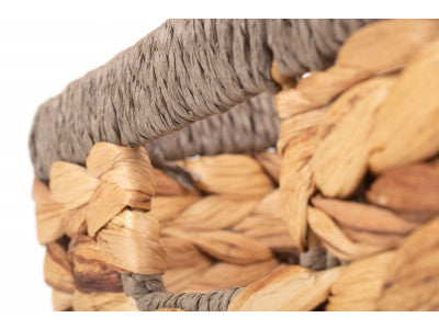 Basket, SMALL SHALLOW RECTANGULAR WATER HYACINTH STORAGE BASKET with GREY ROPE BORDER