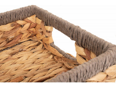 Basket, SMALL SHALLOW RECTANGULAR WATER HYACINTH STORAGE BASKET with GREY ROPE BORDER