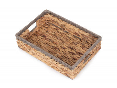 Basket, MEDIUM SHALLOW RECTANGULAR WATER HYACINTH STORAGE BASKET with GREY ROPE BORDER