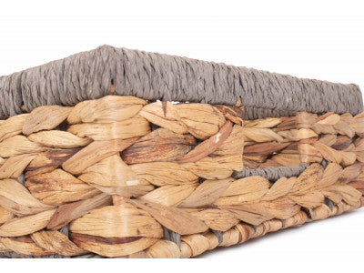 Basket, MEDIUM SHALLOW RECTANGULAR WATER HYACINTH STORAGE BASKET with GREY ROPE BORDER