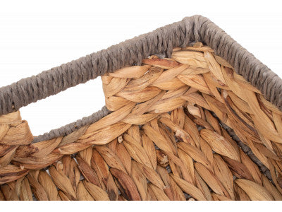 Basket, MEDIUM SHALLOW RECTANGULAR WATER HYACINTH STORAGE BASKET with GREY ROPE BORDER
