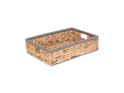 Basket, LARGE SHALLOW RECTANGULAR WATER HYACINTH STORAGE BASKET with GREY ROPE BORDER