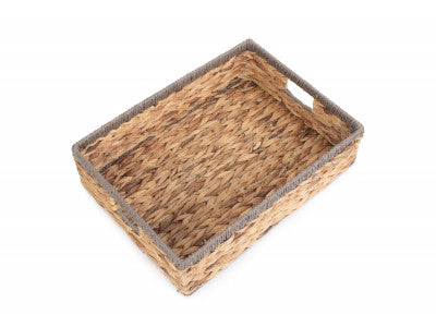 Basket, LARGE SHALLOW RECTANGULAR WATER HYACINTH STORAGE BASKET with GREY ROPE BORDER
