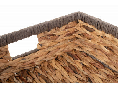 Basket, LARGE SHALLOW RECTANGULAR WATER HYACINTH STORAGE BASKET with GREY ROPE BORDER