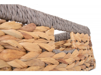 Basket, LARGE SHALLOW RECTANGULAR WATER HYACINTH STORAGE BASKET with GREY ROPE BORDER