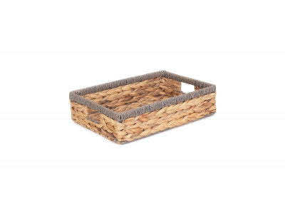 Basket, MEDIUM SHALLOW RECTANGULAR WATER HYACINTH STORAGE BASKET with GREY ROPE BORDER