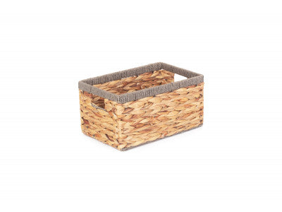 Basket, SMALL WATER HYACINTH RECTANGULAR STORAGE BASKET with GREY ROPE BORDER
