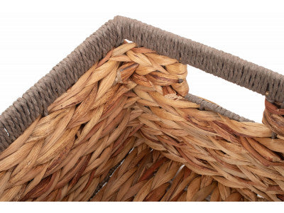 Basket, SMALL WATER HYACINTH RECTANGULAR STORAGE BASKET with GREY ROPE BORDER