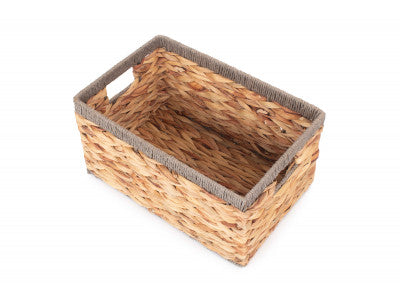 Basket, SMALL WATER HYACINTH RECTANGULAR STORAGE BASKET with GREY ROPE BORDER