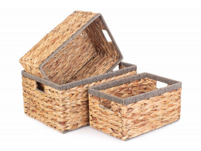 Basket, Set of 3 WATER HYACINTH RECTANGULAR STORAGE BASKETS with GREY ROPE BORDER 