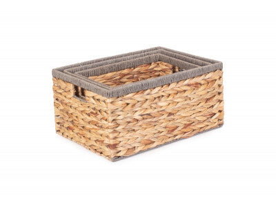 Basket, Set of 3 WATER HYACINTH RECTANGULAR STORAGE BASKETS with GREY ROPE BORDER 