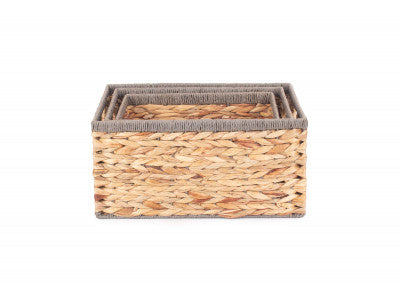 Basket, Set of 3 WATER HYACINTH RECTANGULAR STORAGE BASKETS with GREY ROPE BORDER 