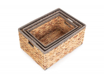Basket, Set of 3 WATER HYACINTH RECTANGULAR STORAGE BASKETS with GREY ROPE BORDER 