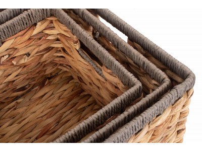 Basket, Set of 3 WATER HYACINTH RECTANGULAR STORAGE BASKETS with GREY ROPE BORDER 