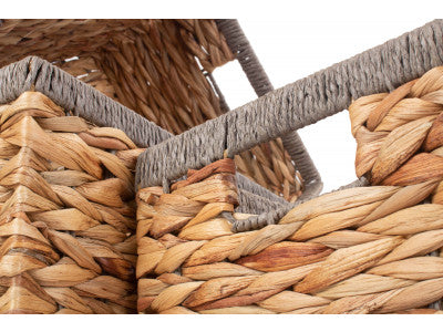 Basket, Set of 3 WATER HYACINTH RECTANGULAR STORAGE BASKETS with GREY ROPE BORDER 