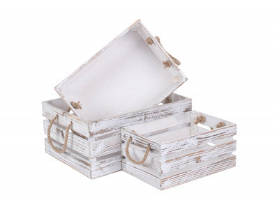 Basket, DISTRESSED WHITE ROPE HANDLED CRATE SET 3 