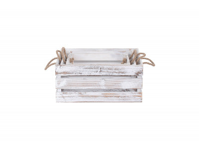 Basket, DISTRESSED WHITE ROPE HANDLED CRATE SET 3 