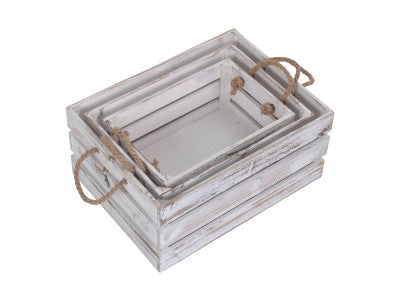 Basket, DISTRESSED WHITE ROPE HANDLED CRATE SET 3 