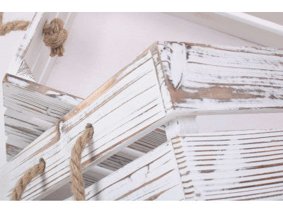 Basket, DISTRESSED WHITE ROPE HANDLED CRATE SET 3 