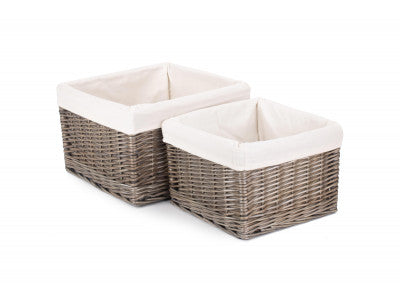 Basket, SQUARE ANTIQUE WASH STORAGE BASKETS with WHITE LINING SET 2 