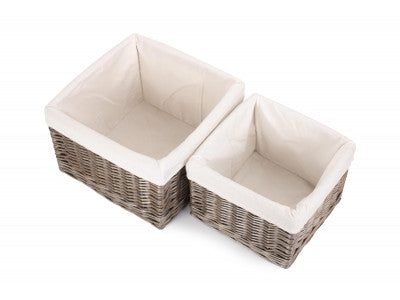 Basket, SQUARE ANTIQUE WASH STORAGE BASKETS with WHITE LINING SET 2 