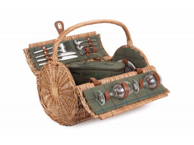 Basket, 2 PERSON GREEN TWEED BARREL HAMPER