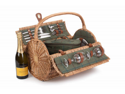 Basket, 2 PERSON GREEN TWEED BARREL HAMPER