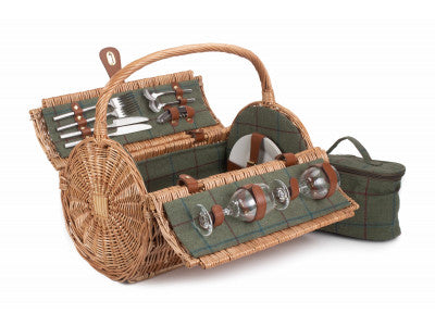 Basket, 2 PERSON GREEN TWEED BARREL HAMPER