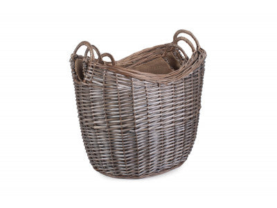 Basket, SCOOP NECK ANTIQUE WASH HESSIAN LINED BASKET SET 3 