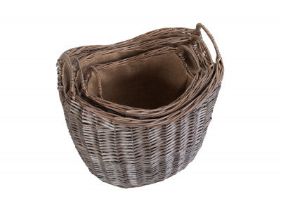 Basket, SCOOP NECK ANTIQUE WASH HESSIAN LINED BASKET SET 3 