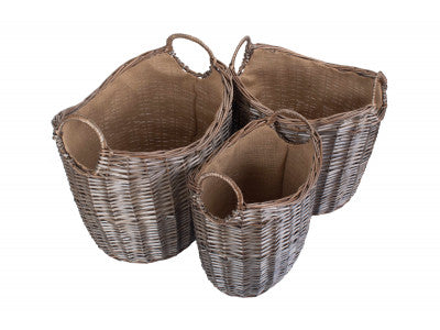 Basket, SCOOP NECK ANTIQUE WASH HESSIAN LINED BASKET SET 3 