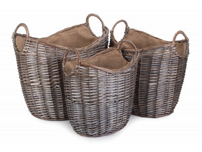 Basket, SCOOP NECK ANTIQUE WASH HESSIAN LINED BASKET SET 3 