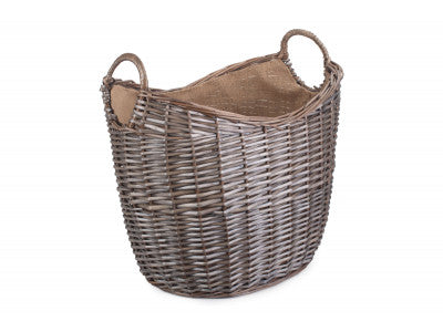 Basket, LARGE SCOOP NECK ANTIQUE WASH HESSIAN LINED BASKET