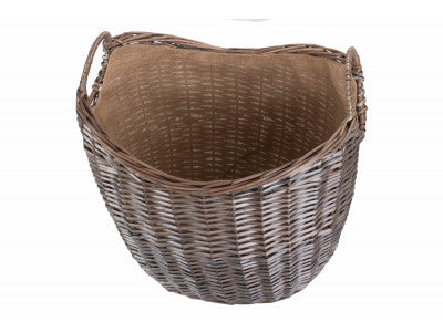 Basket, LARGE SCOOP NECK ANTIQUE WASH HESSIAN LINED BASKET