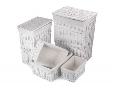 Basket, Set of 5 WHITE WICKER BATHROOM LINEN LAUNDRY 