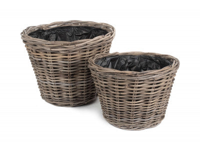 Basket, Set of 2 TAPERED RATTAN ROUND PLANTER with PLASTIC LINING 