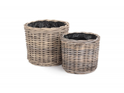 Basket, Set of 2 RATTAN ROUND PLANTER with PLASTIC LINING 