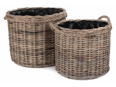 Basket, Set of 2 ROPE HANDLED RATTAN ROUND PLANTER with PLASTIC LINING 