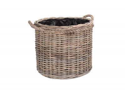 Basket, MEDIUM ROPE HANDLED RATTAN ROUND PLANTER with PLASTIC LINING