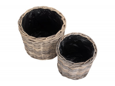 Basket, Set of 2 RATTAN ROUND PLANTER with PLASTIC LINING 