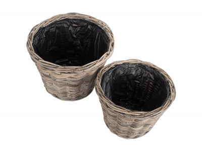 Basket, Set of 2 TAPERED RATTAN ROUND PLANTER with PLASTIC LINING 