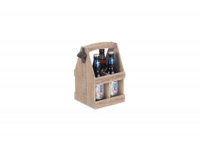 Basket, OAK EFFECT 4 BEER BOTTLE CARRIER with BOTTLE OPENER