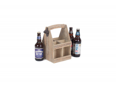 Basket, OAK EFFECT 4 BEER BOTTLE CARRIER with BOTTLE OPENER