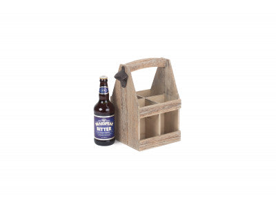 Basket, OAK EFFECT 4 BEER BOTTLE CARRIER with BOTTLE OPENER