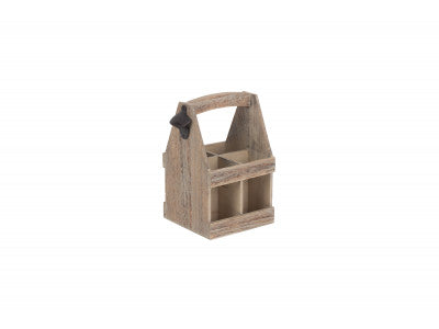Basket, OAK EFFECT 4 BEER BOTTLE CARRIER with BOTTLE OPENER