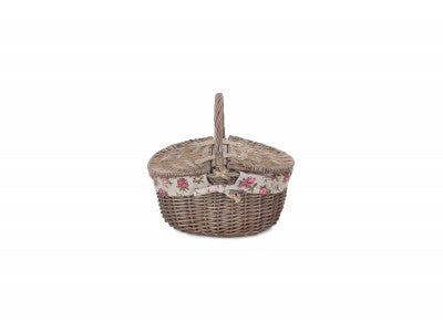Basket, SMALL ANTIQUE WASH FINISH OVAL PICNIC BASKET with GARDEN ROSE LINING