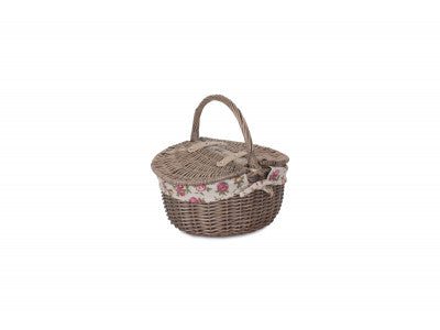 Basket, SMALL ANTIQUE WASH FINISH OVAL PICNIC BASKET with GARDEN ROSE LINING