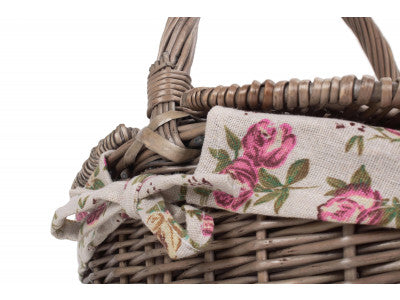 Basket, SMALL ANTIQUE WASH FINISH OVAL PICNIC BASKET with GARDEN ROSE LINING