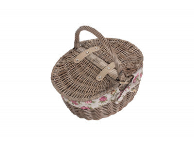 Basket, SMALL ANTIQUE WASH FINISH OVAL PICNIC BASKET with GARDEN ROSE LINING