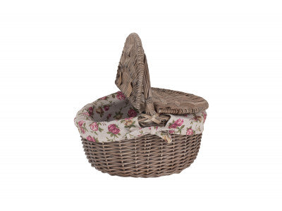 Basket, SMALL ANTIQUE WASH FINISH OVAL PICNIC BASKET with GARDEN ROSE LINING